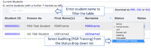 Select the Auditing (PGR Training) status